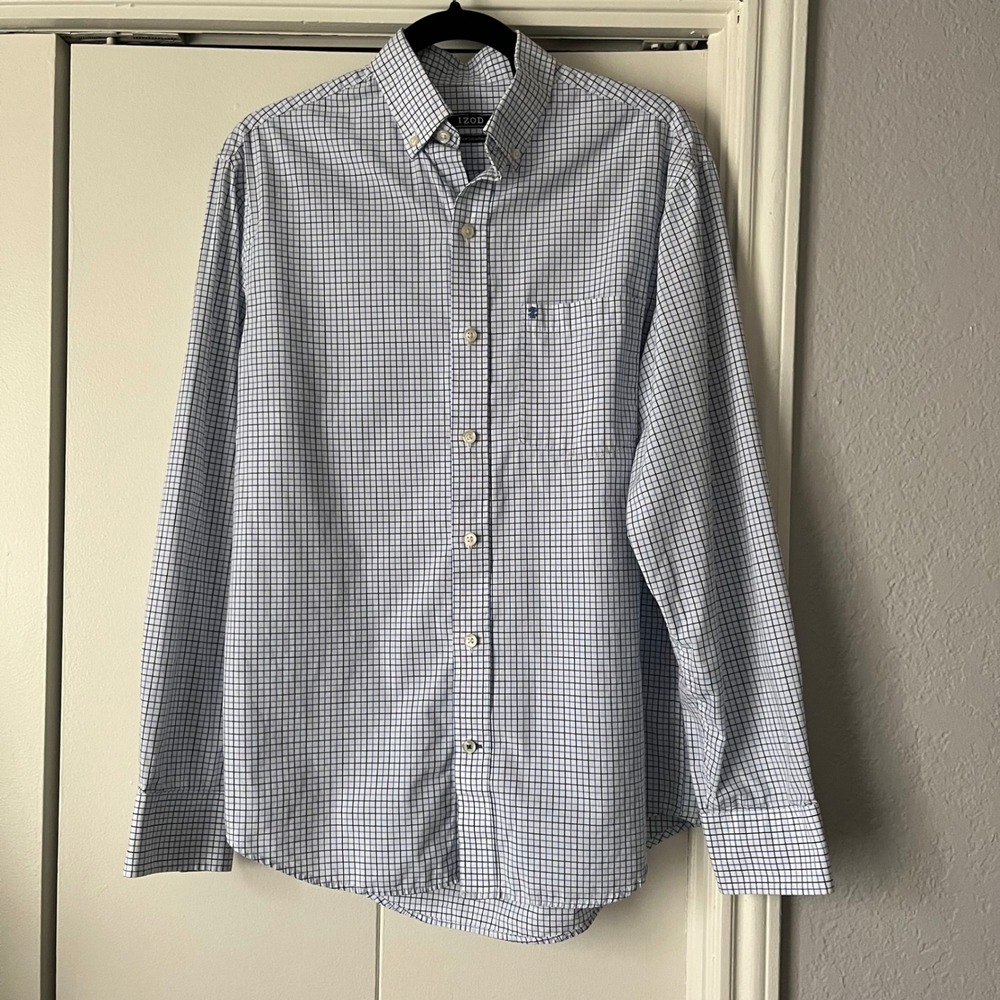 IZOD Premium Essentials Blue Checkered Button Down Shirt Mens Size S‎